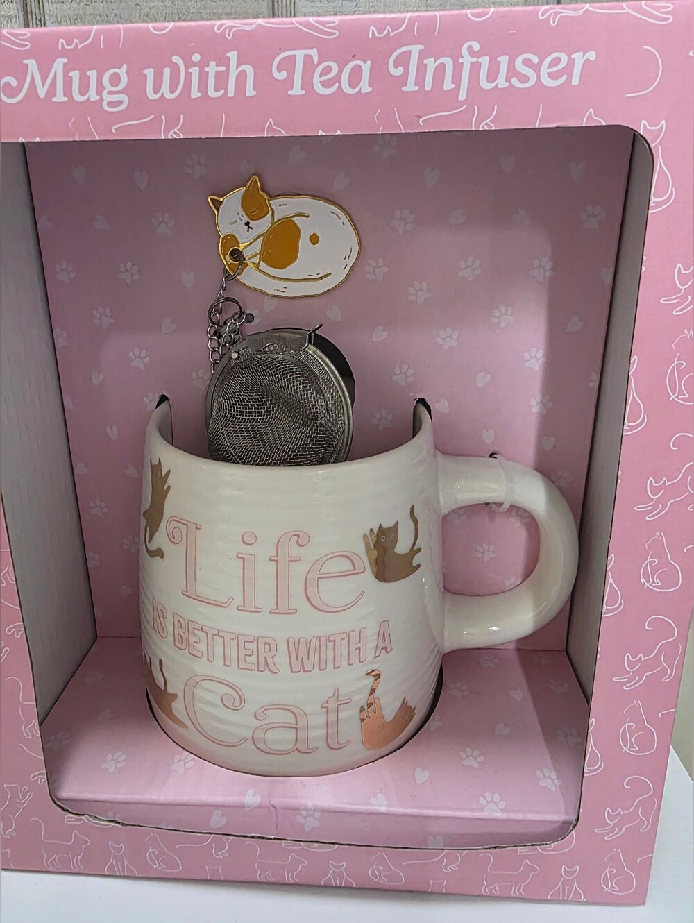 Cat Mug with Tea Infuser - Cream and Pink